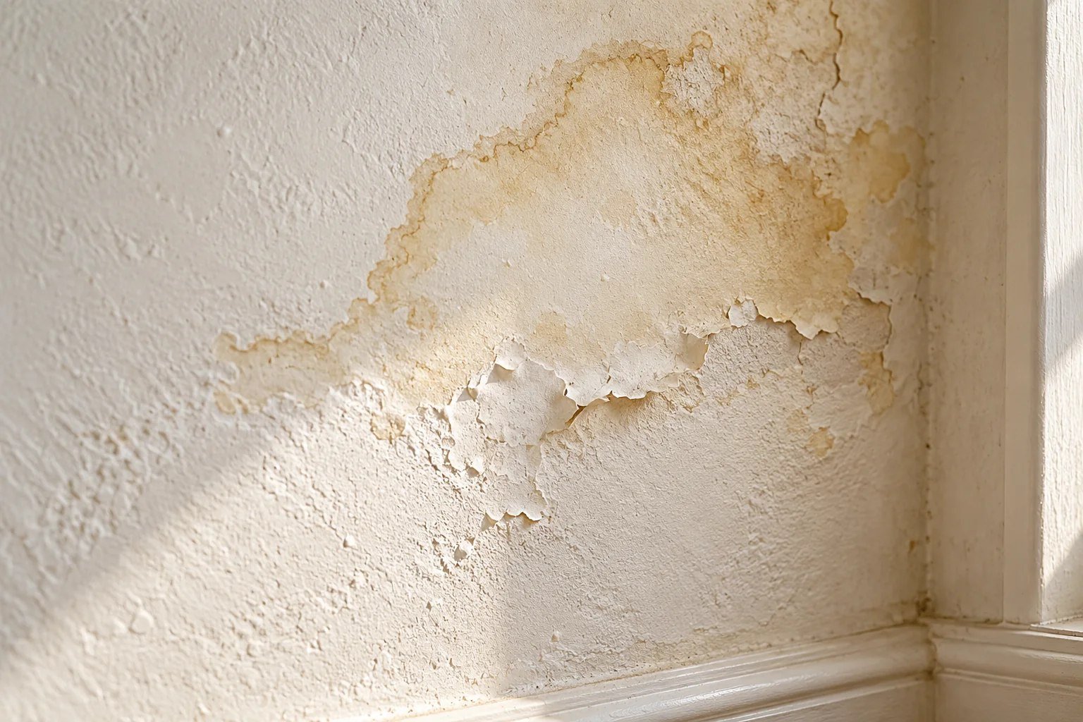 Détail d’une auréole jaune et de peinture cloquée sur un mur intérieur