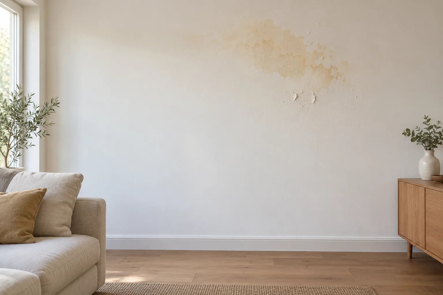 Mur intérieur avec auréole jaune et peinture légèrement écaillée après un dégât des eaux